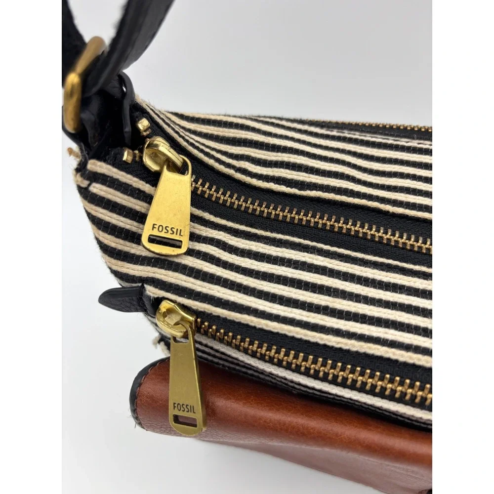 FOSSIL Striped Leather Crossbody Handbag Bag Black Brown‎ Gold Brass Prep Medium